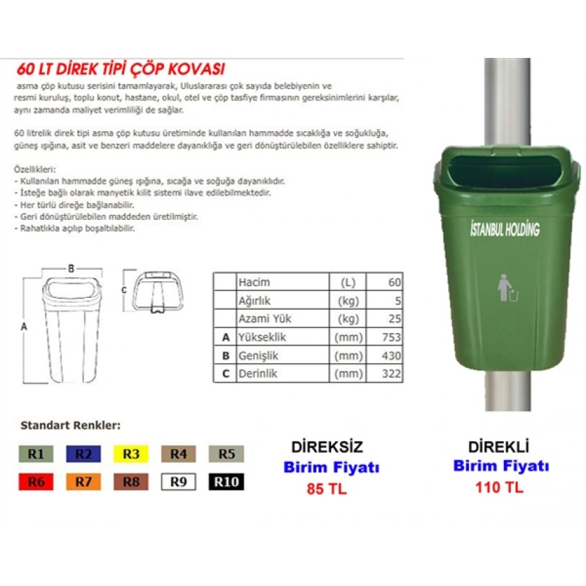 60 L DİREK TİPİ ÇÖP KOVASI