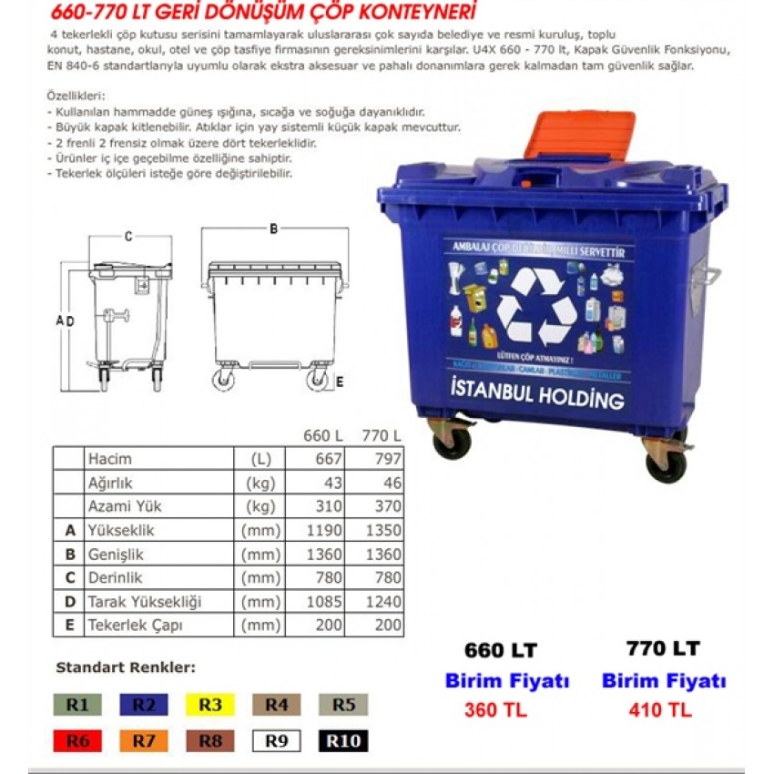 660-770 LT GERİ DÖNÜŞÜM ÇÖP KONTEYNERİ